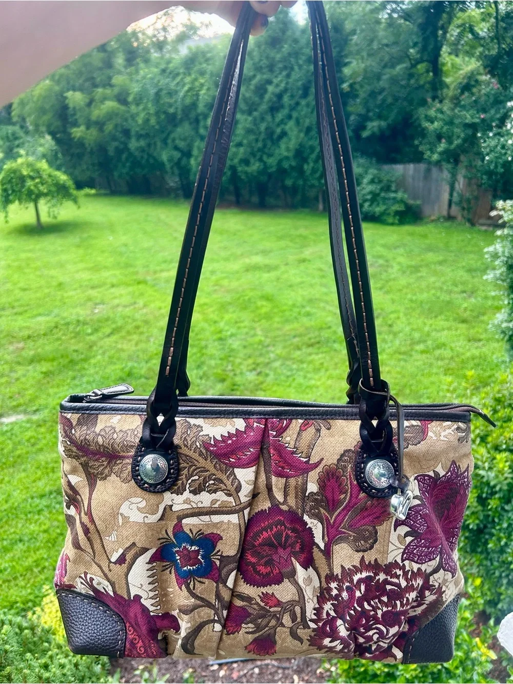Brighton Floral Tapestry Leather Shoulder Bag Tote Silver Heart Charm